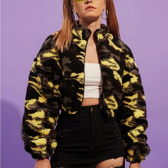 Fuzzy Camo Teddie Teddy Crop Cropped Jacket Coat - Picture 3 of 10